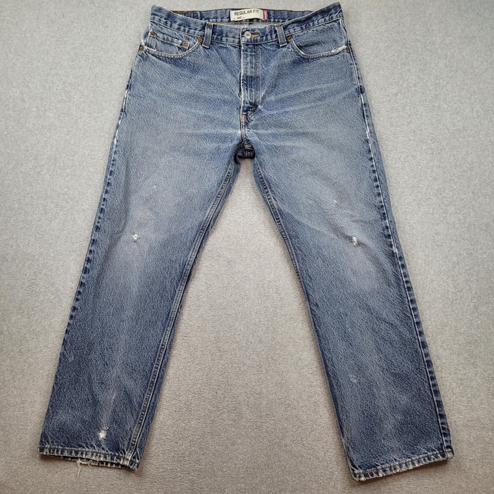 Levi's 505 Regular Fit Jeans Mens 36x30 Blue Distressed Denim Straight‎ Leg Y2K